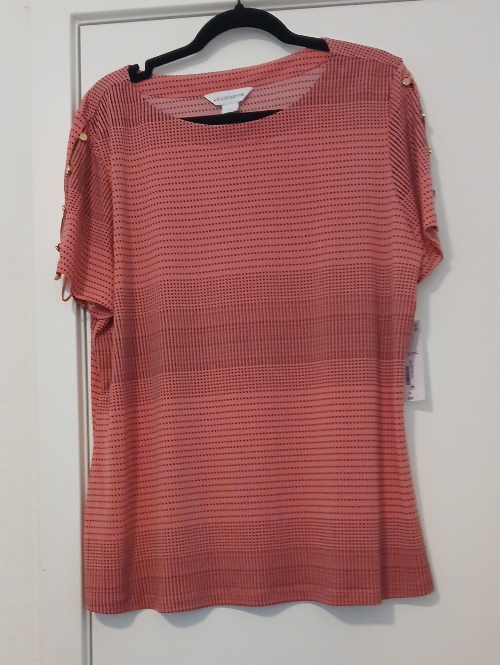 Liz Claiborne Coral Short-Sleeve Knit Top with Button-Accent Sleeves